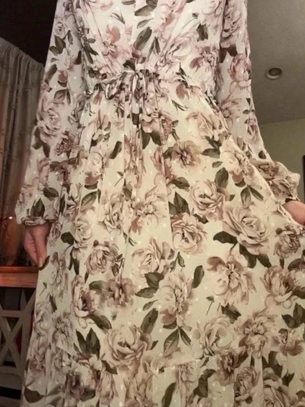 lovestitch Ivory Floral Tie-Waist Maxi Dress with Pink Accents
